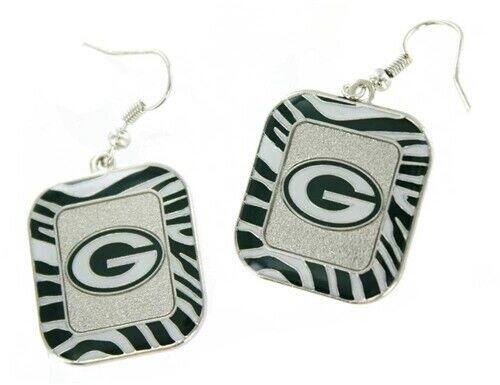 Green Bay Packers NFL Team Color Zebra Stripes Silver Dangle Earrings