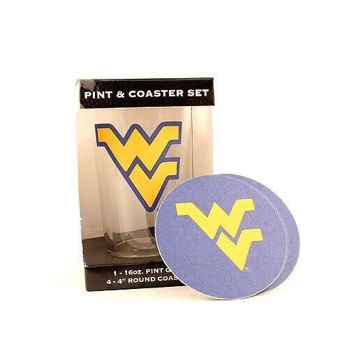 West Virginia Mountaineers Pint Glass w/4 Coasters - w/Flying "WV" Log