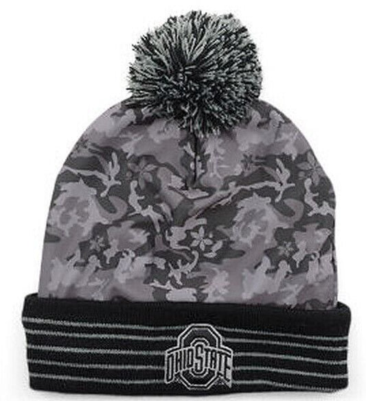 Ohio State Buckeyes Black/Gray Mossy Oak Simulate Cuffed Knit Pom Hat