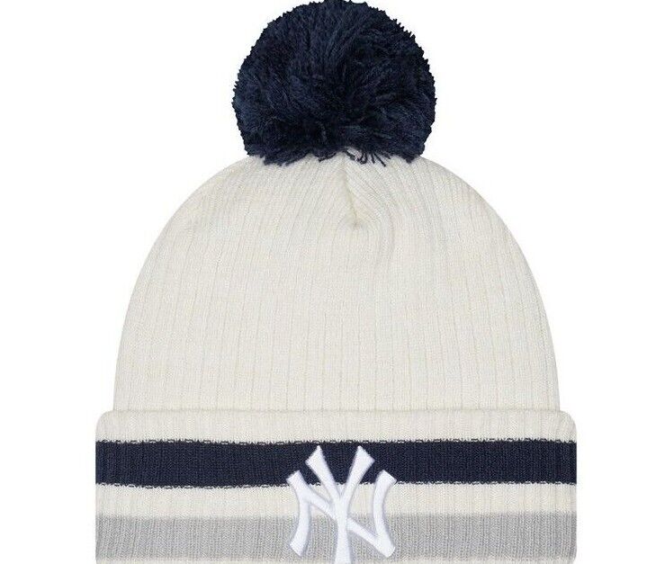 New York Yankees New Era White Knit Retro Beanie Cuff Knit Hat w/pom