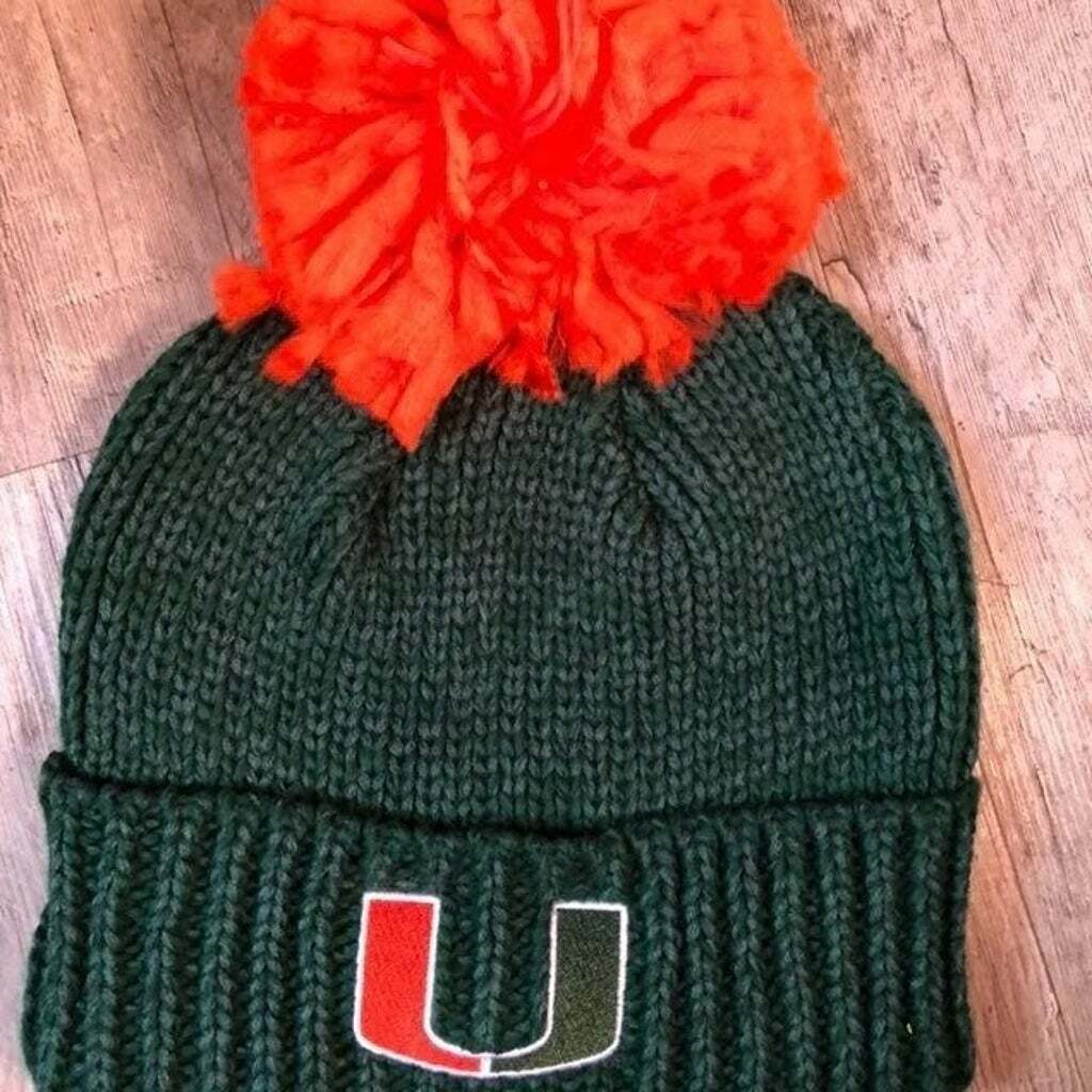 Miami Hurricanes Green Adidas Cuff Knit Beanie Hat w/ huge orange pom